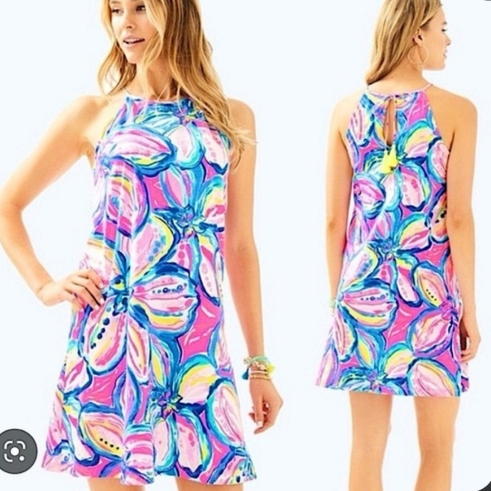 Lilly Pulitzer Margot Pink Blue Multicolor Tropical Print Midi Dress